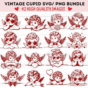 Op de afbeelding: Een verzameling vintage Cupid SVG/PNG-afbeeldingen in rood en wit. De afbeeldingen tonen cherubijnachtige figuren met hartvormige zonnebrillen, bogen, pijlen en vleugels. De tekst bovenaan luidt "VINTAGE CUPID SVG/ PNG BUNDLE" en "42 HIGH QUALITY IMAGES".
