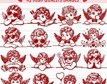 Puede incluir: Una colección de imágenes SVG/PNG vintage de Cupido en rojo y blanco. Las imágenes presentan figuras de querubines con gafas de sol en forma de corazón, arcos, flechas y alas. El texto en la parte superior dice "VINTAGE CUPID SVG/ PNG BUNDLE" y "42 HIGH QUALITY IMAGES".