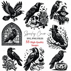 Pu&ograve; includere: Illustrazioni in bianco e nero con corvi, teschi, rose e uno spaventapasseri. Il testo "Spooky Crow", "SVG, PNG FILES" e "55 High-Quality Images" &egrave; presente. Adatto per Halloween o temi gotici.
