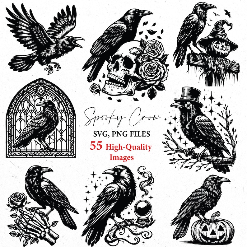 Pu&ograve; includere: Illustrazioni in bianco e nero con corvi, teschi, rose e uno spaventapasseri. Il testo "Spooky Crow", "SVG, PNG FILES" e "55 High-Quality Images" &egrave; presente. Adatto per Halloween o temi gotici.