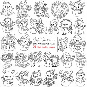 May include: A collection of 30+ black and white illustrations of snowmen in various poses and settings. Some snowmen are holding gifts, riding scooters, or wearing hats and scarves. Text includes "Cute Snowman" and "Merry & Bright".