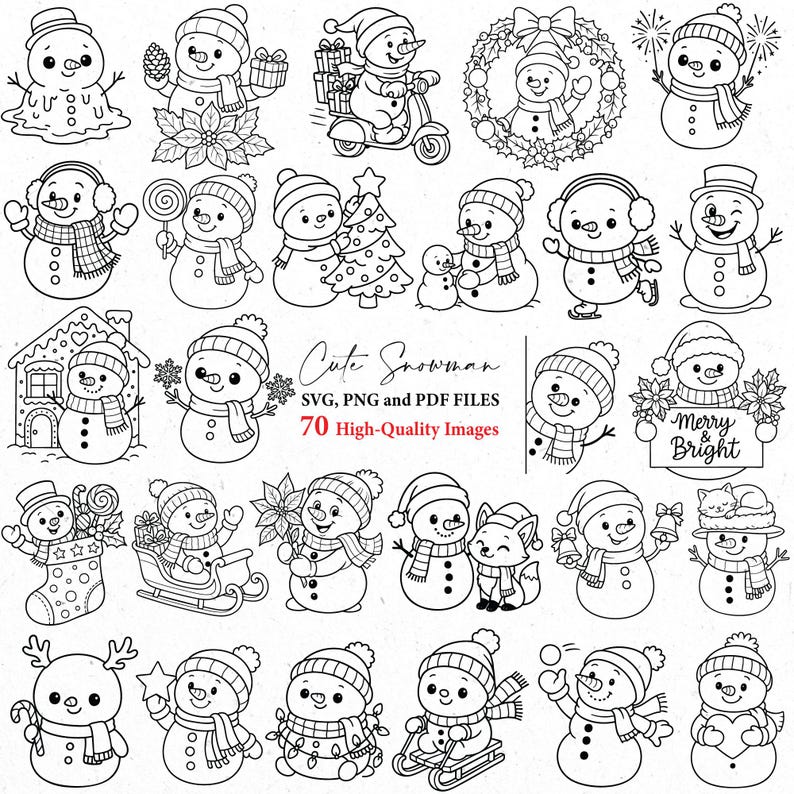 May include: A collection of 30+ black and white illustrations of snowmen in various poses and settings. Some snowmen are holding gifts, riding scooters, or wearing hats and scarves. Text includes "Cute Snowman" and "Merry & Bright".