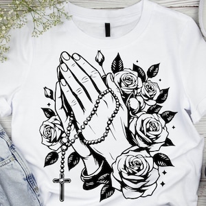 Handpraying with rosary svg, rosary svg, rose flower with rosary svg, hand praying png, svg bundle, svg files, Christian SVG, svg bundle