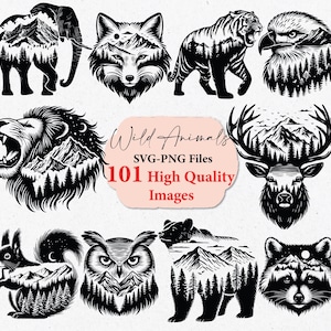 May include: A set of 101 high-quality SVG and PNG files featuring black and white illustrations of wild animals with mountain landscapes inside them. The animals include a fox, a tiger, an elephant, a deer, a lion, an owl, a raccoon, a squirrel, and a bear.