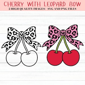 Puede incluir: Dos ilustraciones de cerezas con lazos de estampado de leopardo. Una es un contorno en blanco y negro, la otra presenta cerezas rojas, un lazo de leopardo rosa y tallos verdes. El texto en la parte superior dice "CHERRY WITH LEOPARD BOW".