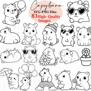 Puede incluir: Un conjunto de 83 im&aacute;genes en blanco y negro de capibaras en varias poses. Los capibaras se representan con gafas de sol, sombreros, sosteniendo globos y otros accesorios. Las im&aacute;genes son adecuadas para su uso en proyectos digitales e impresos.