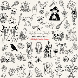 Può includere: Illustrazioni digitali in bianco e nero a tema Halloween. L'immagine presenta vari elementi spettrali, tra cui teschi, pipistrelli, streghe, zucche e una casa infestata. Il testo recita "Halloween Doodle" e "146 High-Quality Images".