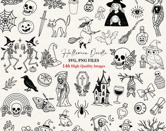 May include: A collection of black and white Halloween-themed illustrations. The image includes a variety of spooky elements such as skulls, bats, witches, pumpkins, and a haunted house. Text reads "Halloween Doodle" and "146 High-Quality Images".