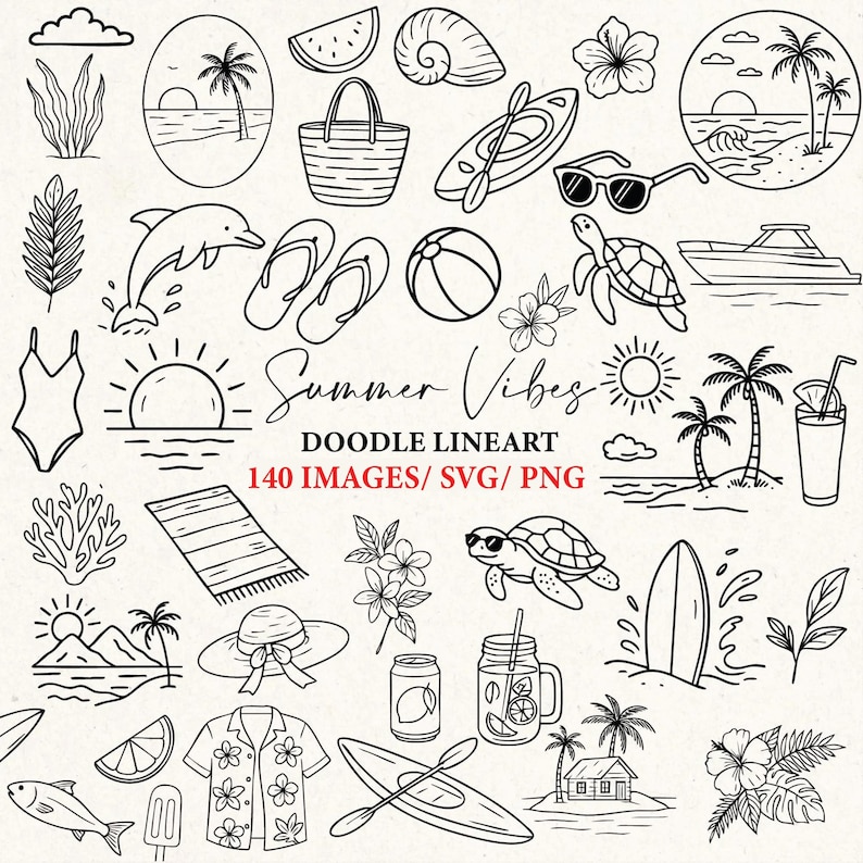 Pu&ograve; includere: Doodle art in bianco e nero con illustrazioni a tema estivo. Include immagini di una scena sulla spiaggia, occhiali da sole, una tartaruga, una barca, una tavola da surf, una borsa da spiaggia e il testo "Summer Vibes".