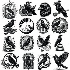 Pu&ograve; includere: Una collezione di illustrazioni di corvi in bianco e nero. Le immagini includono corvi appollaiati su libri, zucche e rami, e all'interno di cornici, gabbie e cappelli da strega. L'opera d'arte ha un tema gotico e mistico.