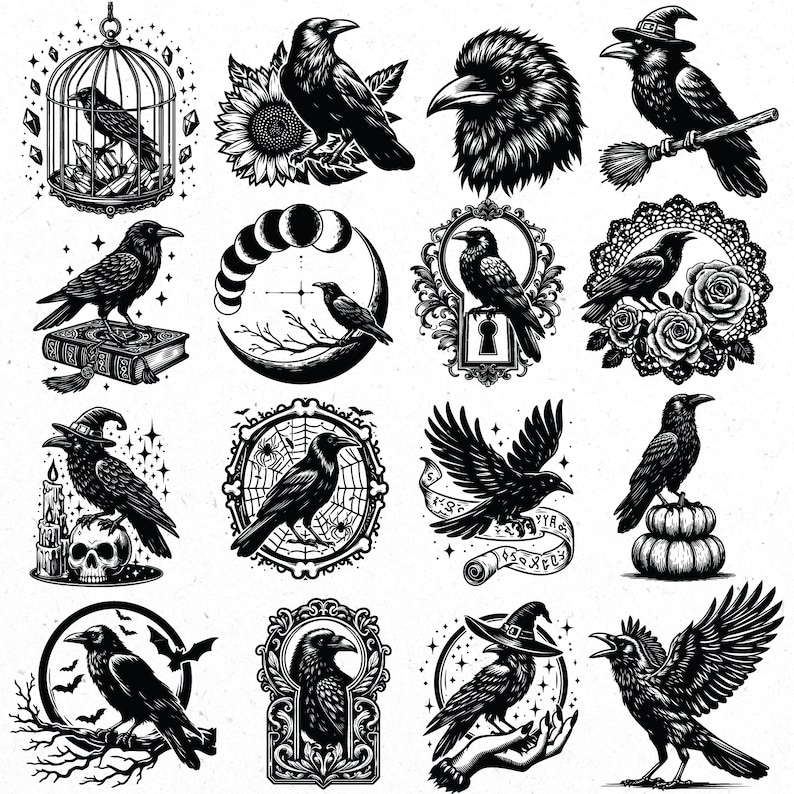 Pu&ograve; includere: Una collezione di illustrazioni di corvi in bianco e nero. Le immagini includono corvi appollaiati su libri, zucche e rami, e all'interno di cornici, gabbie e cappelli da strega. L'opera d'arte ha un tema gotico e mistico.