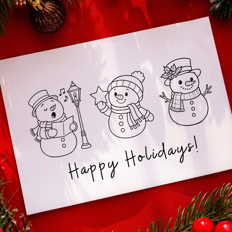 May include: A white card with three cartoon snowmen, a street lamp, and the text "Happy Holidays!" The snowmen are wearing hats and scarves. One is singing, another holding a star, and the third has a flower on its hat.