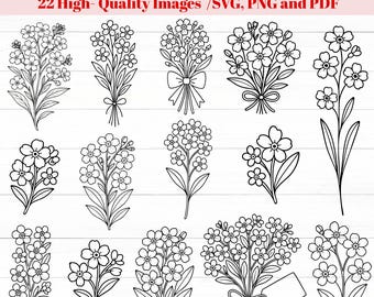Forget me not flower svg, Floral SVG Cut Files, forget me not outline Flowers for Cricut, Flower Clipart Line Art, spring flower, SVG Bundle