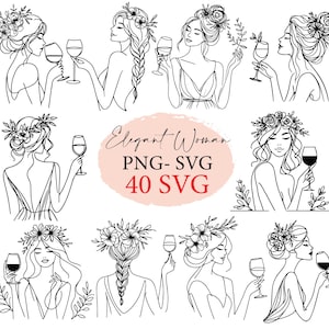 Elegante vrouw met bloemen, doorlopende lineart, vrouw die wijn drinkt svg, SVG-bundel, svg-cricut, handgetekende stijl, mooie vrouw png
