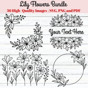 Pacote de flores de lírio SVG, arquivos de corte SVG florais, contorno de flores de lírio para Cricut, arte de linha de clipart de flores, flores de casamento SVG, flor de primavera