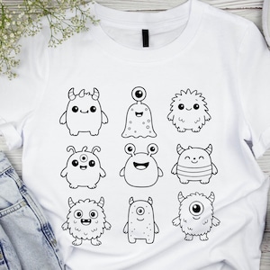May include: White t-shirt featuring a collection of nine cartoon monsters in black outline. Each monster has a unique design, including different shapes, eyes, and horns. The shirt is made of a soft, comfortable material.