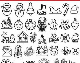 Könnte beinhalten: Schwarz-weiße Strichzeichnungen von Weihnachtssymbolen, darunter der Weihnachtsmann, ein Schneemann, ein Weihnachtsbaum, ein Schlittschuh, ein Schlitten, eine Zuckerstange, Ornamente, ein Lebkuchenmann, Glocken, Rentiere, ein Haus und mehr. Der Text oben lautet "CHRISTMAS ICONS 75 SVG, PNG, EPS IMAGES."