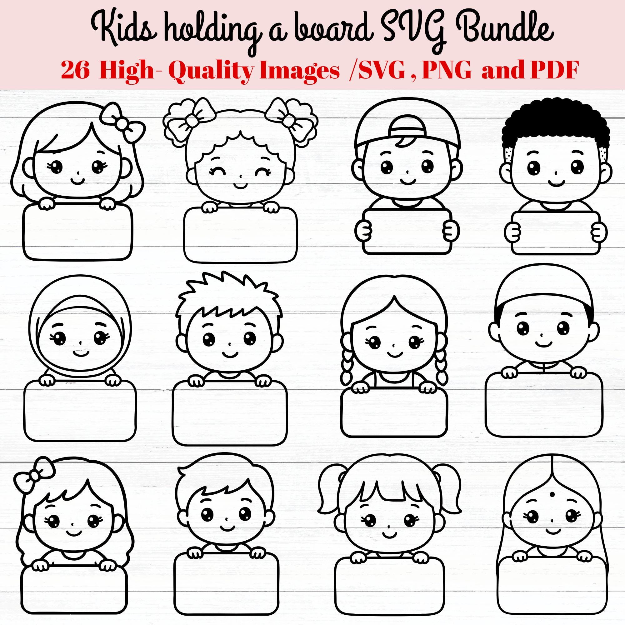 Kids holding board svg, cute kids png, kids clipart, back to school clipart set, svg bundles, svg files, svg cricut, doodle, outline svg