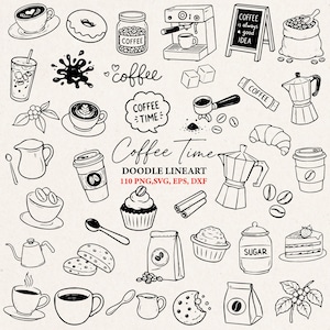 Könnte beinhalten: Eine Sammlung von schwarz-weißen Strichzeichnungen mit kaffeebezogenen Motiven, darunter Tassen, eine Kaffeemaschine, ein Zuckerglas, eine Tafel mit Text, Gebäck, Kaffeebohnen und der Schriftzug Coffee Time Doodle Lineart.