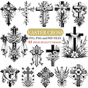 May include: A selection of black and white Easter cross designs, each with unique floral and ribbon decorations. The image features the text "EASTER CROSS" and information about file formats and the number of images.