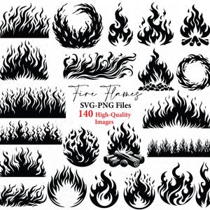 May include: A collection of 140 high-quality fire flame SVG and PNG files. The images feature various styles of flames, including circular, horizontal, and vertical designs. The flames are all black and white.