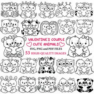 Puede incluir: Ilustraciones en blanco y negro de parejas de animales lindos sosteniendo corazones. La imagen incluye el texto "VALENTINE'S COUPLE CUTE ANIMALS" y "53 HIGH-QUALITY IMAGES". Los animales incluyen osos, cebras y b&uacute;hos.