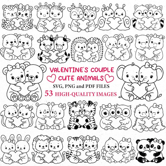 Valentine's animal svg, cute animals png, heart svg, cute valentine clipart, kawaii animals svg, couple png, SVG Cricut, lovers, safari svg