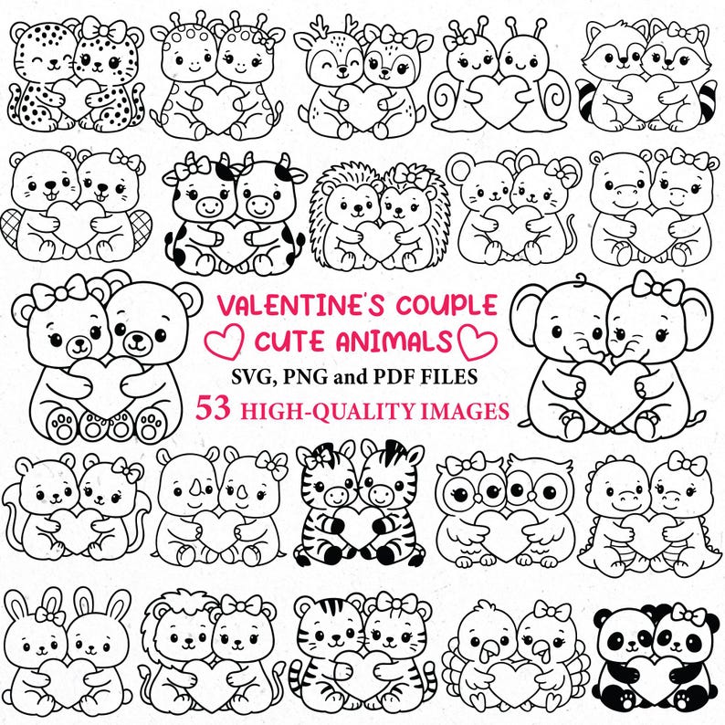 Puede incluir: Ilustraciones en blanco y negro de parejas de animales lindos sosteniendo corazones. La imagen incluye el texto "VALENTINE'S COUPLE CUTE ANIMALS" y "53 HIGH-QUALITY IMAGES". Los animales incluyen osos, cebras y b&uacute;hos.