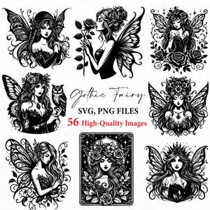 May include: A collection of black and white illustrations featuring gothic fairies with intricate wing designs, floral accents, and detailed facial features. The text reads "Gothic Fairy SVG, PNG FILES" and "56 High-Quality Images".