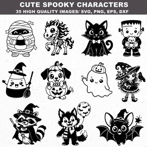 May include: A digital collection of 35 black and white illustrations titled CUTE SPOOKY CHARACTERS. The set features cartoon figures including a mummy, skeleton horse, cat, Frankenstein monster, candy corn witch, dog in pumpkin, ghost, witch, raccoon, werewolf, and bat.