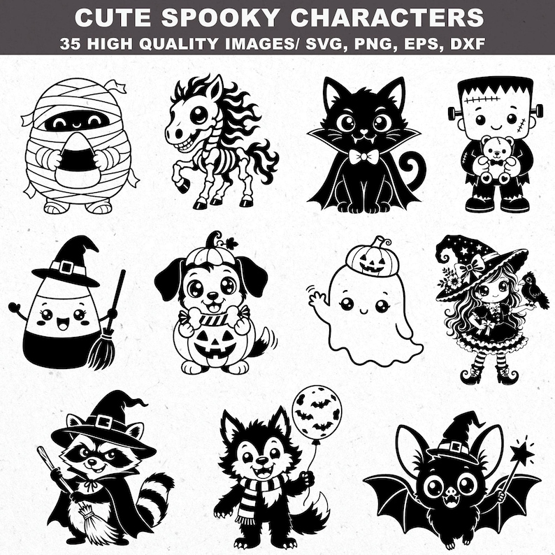 May include: A digital collection of 35 black and white illustrations titled CUTE SPOOKY CHARACTERS. The set features cartoon figures including a mummy, skeleton horse, cat, Frankenstein monster, candy corn witch, dog in pumpkin, ghost, witch, raccoon, werewolf, and bat.