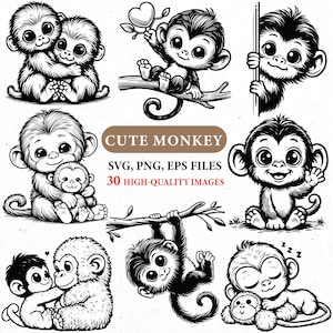 May include: A collection of black and white illustrations of cute monkeys in various poses. Some monkeys are hugging, holding a heart, hanging from a branch, or waving. The text "CUTE MONKEY" and "SVG, PNG, EPS FILES 30 HIGH-QUALITY IMAGES" is also present.