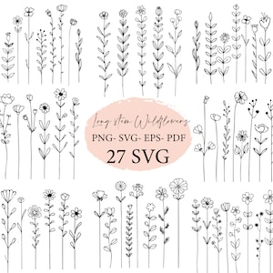 Wilde bloemen svg, bloemen svg bundel, SVG Cricut, svg bundel, bruiloft bloemen PNG, bloemen svg, botanische clipart, bloem lineart, handgetekende