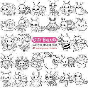 Puede incluir: Colección de 47 ilustraciones de insectos de dibujos animados en blanco y negro, incluyendo mariquitas, mariposas, hormigas y abejas. El texto "Cute Insects" está en rosa, con información sobre los tipos de archivo.