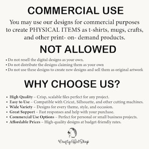 May include: A white graphic with black text detailing commercial use terms for digital designs. The text includes usage permissions for physical items like t-shirts and mugs, and restrictions on reselling or altering the designs. The image also lists reasons to choose the shop.