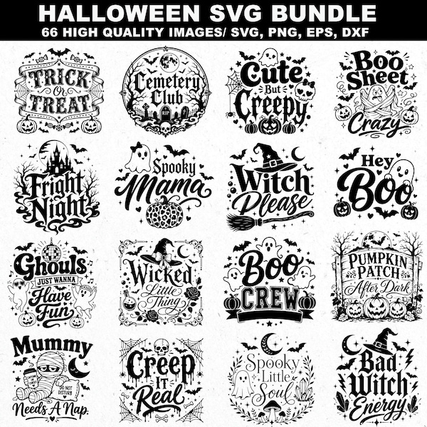 Halloween svg, Halloween typography, Halloween png clipart, ghost svg, witch svg, kawaii halloween png, cute skeleton svg, svg bundles