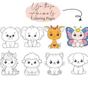 K&ouml;nnte beinhalten: Acht Malvorlagen mit Cartoon-Tieren werden gezeigt. Dazu geh&ouml;ren ein B&auml;r, ein Elefant, eine Giraffe, ein Schmetterling, ein Einhorn, ein Schaf, eine Katze und ein Hund. Der Text "Use these Animals Coloring Pages" ist oben zu sehen.