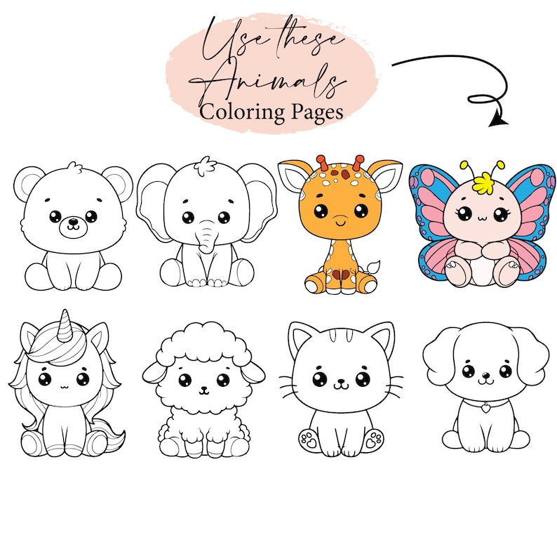 K&ouml;nnte beinhalten: Acht Malvorlagen mit Cartoon-Tieren werden gezeigt. Dazu geh&ouml;ren ein B&auml;r, ein Elefant, eine Giraffe, ein Schmetterling, ein Einhorn, ein Schaf, eine Katze und ein Hund. Der Text "Use these Animals Coloring Pages" ist oben zu sehen.