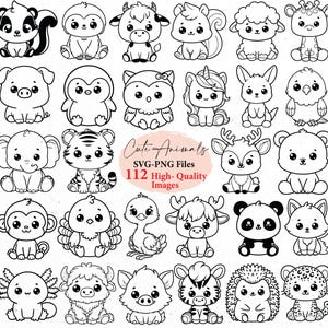 K&ouml;nnte beinhalten: Eine Sammlung von 36 schwarz-wei&szlig;en Cartoon-Tierillustrationen, darunter ein Stinktier, ein Affe, eine Kuh, ein Eichh&ouml;rnchen, ein Schaf, ein Schwein, ein Pinguin, eine Eule, ein Einhorn, ein Kaninchen, ein Elefant, ein Tiger, ein Hirsch, ein B&auml;r, ein Truthahn, ein Strau&szlig;, ein Panda und ein Fuchs. Text: "Cute Animals" und "112 High-Quality Images."