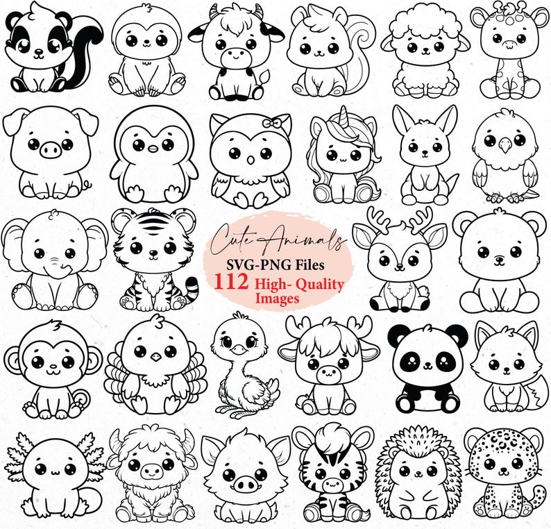 K&ouml;nnte beinhalten: Eine Sammlung von 36 schwarz-wei&szlig;en Cartoon-Tierillustrationen, darunter ein Stinktier, ein Affe, eine Kuh, ein Eichh&ouml;rnchen, ein Schaf, ein Schwein, ein Pinguin, eine Eule, ein Einhorn, ein Kaninchen, ein Elefant, ein Tiger, ein Hirsch, ein B&auml;r, ein Truthahn, ein Strau&szlig;, ein Panda und ein Fuchs. Text: "Cute Animals" und "112 High-Quality Images."