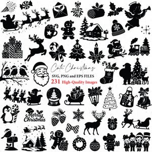 Può includere: Una collezione di file SVG, PNG ed EPS a tema natalizio in bianco e nero. L'immagine presenta varie icone festive, tra cui Babbo Natale, renne, alberi di Natale e il testo "Cute Christmas" e "Merry Christmas".