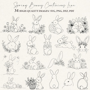 May include: A series of black and white line drawings of rabbits, some with Easter eggs and floral elements. The image includes the text "Spring Bunny Continuous Line" and "34 HIGH-QUALITY IMAGES/ SVG, PNG, DXF, PDF".
