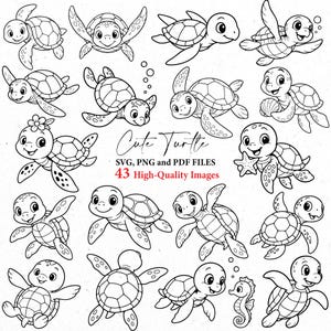 Puede incluir: Ilustraciones en blanco y negro de tortugas de dibujos animados en varias poses. La imagen incluye el texto "Cute Turtle" y detalles sobre los tipos de archivo y el número de imágenes de alta calidad.