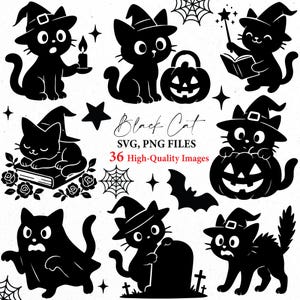 May include: A collection of black cat-themed Halloween graphics. The images include cats wearing witch hats, holding candles, and interacting with pumpkins, books, and tombstones. Text reads "Black Cat SVG, PNG FILES 36 High-Quality Images."