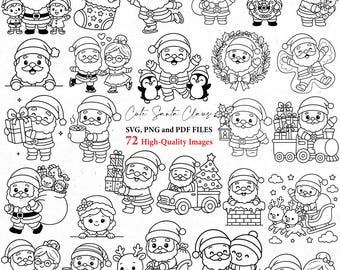 May include: Black and white line art illustrations of Santa Claus in various poses and settings. The images include Santa with children, penguins, gifts, and a Christmas tree. Text reads "Cute Santa Claus, SVG, PNG and PDF FILES, 72 High-Quality Images."