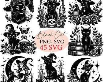 Black cat, black cat svg, black cat png, Halloween svg, witch svg, black cat witch, black cat clipart,svg bundle, svg files, spooky svg