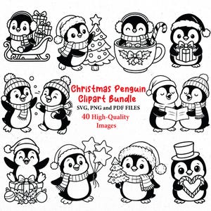 K&ouml;nnte beinhalten: Ein schwarz-wei&szlig;es Weihnachts-Pinguin-Clipart-Bundle mit 40 hochwertigen Bildern. Die Bilder zeigen Pinguine mit M&uuml;tzen, Schals, Geschenken, einem Weihnachtsbaum und Sternballons. Der Text lautet "Christmas Penguin Clipart Bundle".