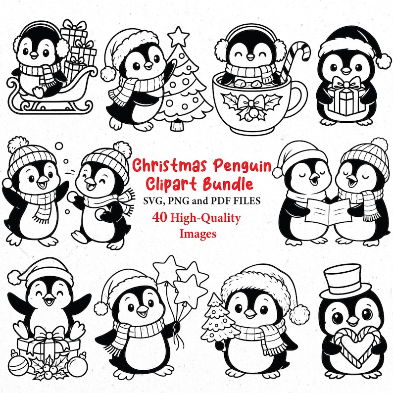 K&ouml;nnte beinhalten: Ein schwarz-wei&szlig;es Weihnachts-Pinguin-Clipart-Bundle mit 40 hochwertigen Bildern. Die Bilder zeigen Pinguine mit M&uuml;tzen, Schals, Geschenken, einem Weihnachtsbaum und Sternballons. Der Text lautet "Christmas Penguin Clipart Bundle".