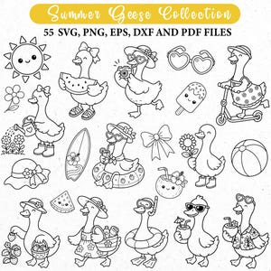 Könnte beinhalten: Schwarz-Weiß-Illustration einer sommerlichen Sammlung mit Gänsen. Die Gänse sind mit Sommeraccessoires wie Sonnenbrillen, Hüten und Strandutensilien dargestellt. Der Text "Summer Geese Collection" befindet sich oben.