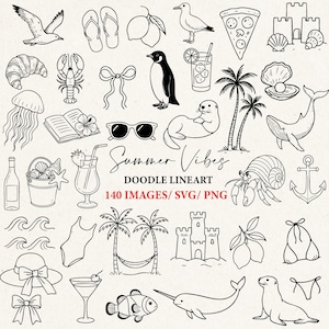 Pu&ograve; includere: Arte doodle in bianco e nero con illustrazioni a tema estivo. Include immagini di un gabbiano, occhiali da sole, un pinguino, un cocktail, una fetta di pizza, un castello di sabbia e altro ancora. &Egrave; presente anche il testo "Summer Vibes" e "Doodle Lineart".